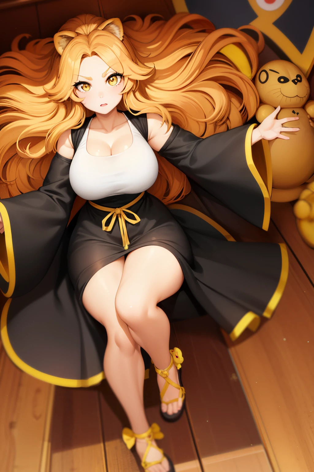 girl, cute lion doll face, Black round eyes , nice face  , Round, doll-like face, Muscular body, Yellow skin, full body