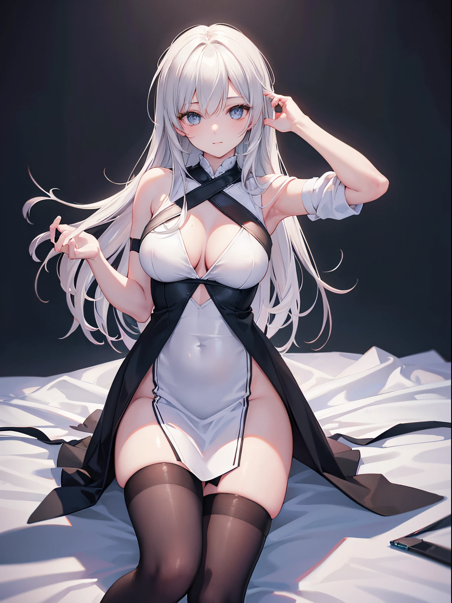 A woman wearing a white backless dress，He wears black stockings on his legs，Exposing the abdomen，The figure is good，The head is not exposed，The is very detailed，[ 4K realism ]!!, [ 4K realism ]!!!, [ 4K digital art ]!!, Realistic shadow perfect body, realisticlying!!!!!!! art-style, photorealistic anime, by Shitao, Popular topics on cgstation, Casual pose, realistic anime 3D style