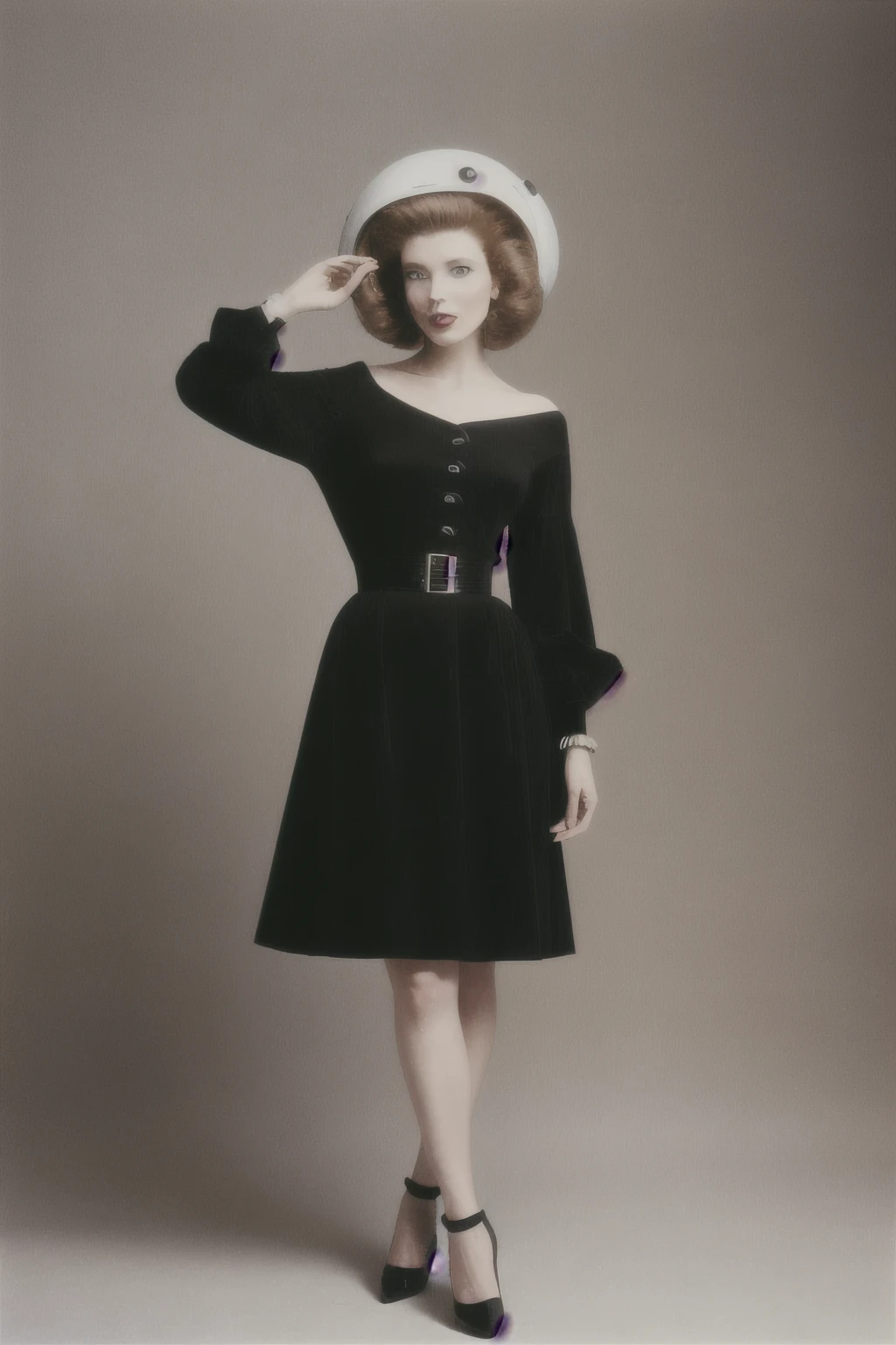 Suzy Parker Vogue cover shoot, 1/2 body length fashion photo, Suzy Parker age 25, 6’0” 120 pound tall skinny model, Irving Penn style photography, 1958 style “space age” fashions, late 1950s style make up and hair, late 1950s style accessories and styling, late 1950s style color photography “look”, vogue logo in background,