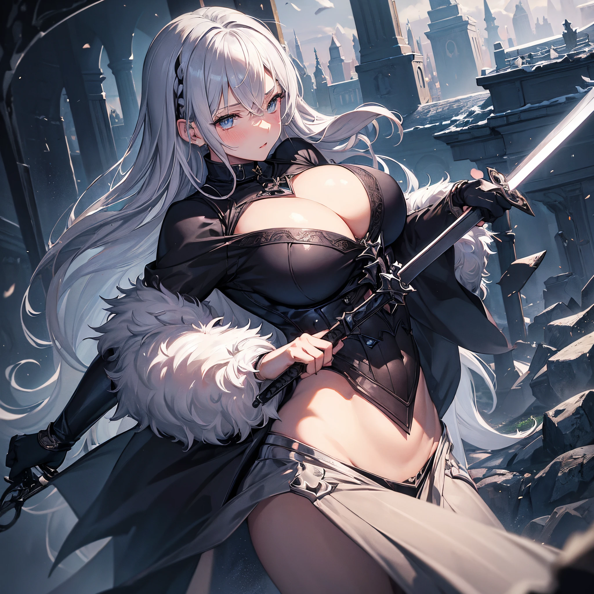 (((Masterpiece))), top quality, super detailed, blush, cute and playful, jet black swordsman, dark knight, gothic, holding a great sword, temple, dark place, silver hair, tearing breasts, fluffy hairstyle, elastic breasts, light background, ((huge chest)).