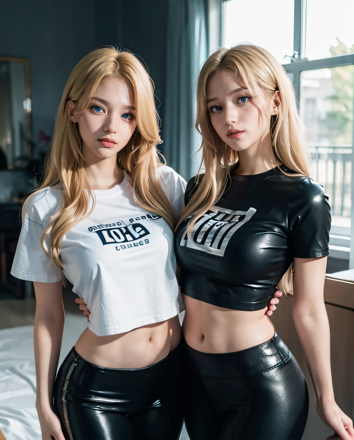 2 brunette Girls, Beautiful, Baby symmetric Face, ,,enormous Breasts ,((neglected )),,((very nsfw))((wearing punkrock outfit, tattoos and piercings and jewelry)) long blonde curly and wavy golden Hair tied in a ponytail, adorable masterpiece ((yellow honey colored eyes)) , very thick hourglass figure body, closeup view ,,both looking at viewer.,in a strip club
