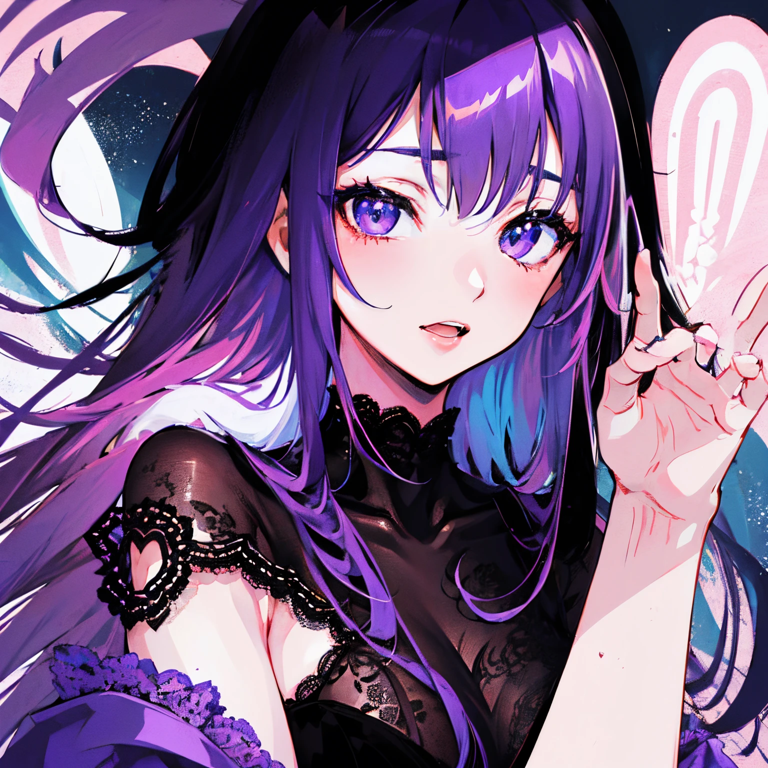 1 girl、Mature、Ample breasts、Purple Hair、Long Hair、Sharp Eyes、ponytail、Drill curl long hair、Center Part、Black Dress、Shoulder Bare、Belly button、choker、Butterflies fluttering、finger frame、Cinema Lighting、High resolution、highest quality