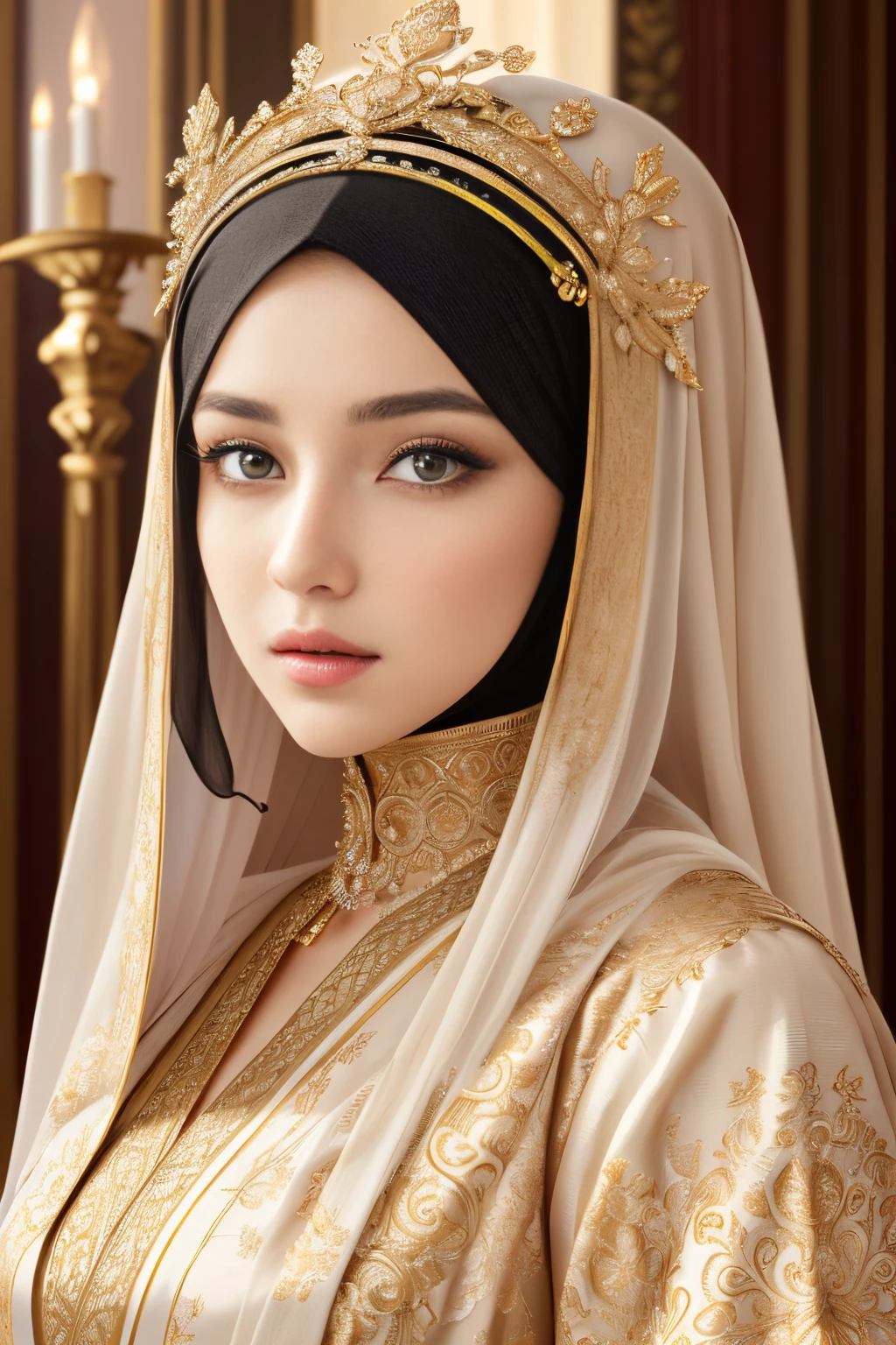 Absurd, ultra-detailed, high quality, masterpiece,  detailed face, beautiful eyes(detailed eyes), Greek mythology, Goddess, Hera , the queen of the gods, striking and captivating, features are classically beautiful, with high cheekbones, a perfectly proportioned face, eyes depicted as large and captivating, hold an intense gaze,hijabi , wearing elegant robes adorned with intricate patterns , Her beauty is not merely superficial but embodies the essence of power, authority, and regality.