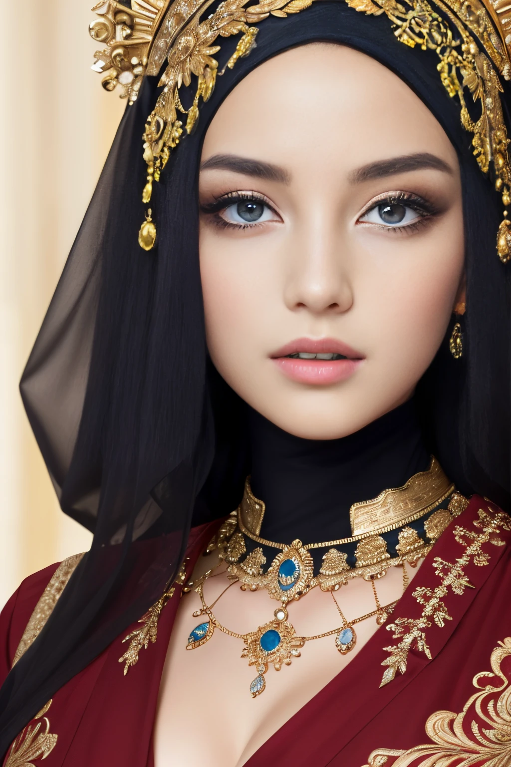 Absurd, ultra-detailed, high quality, masterpiece, detailed face, beautiful eyes(detailed eyes), Greek mythology, Goddess, Hera , the queen of the gods, striking and captivating, features are classically beautiful, with high cheekbones, a perfectly proportioned face, eyes depicted as large and captivating, hold an intense gaze,hijabi , wearing elegant robes adorned with intricate patterns , Her beauty is not merely superficial but embodies the essence of power, authority, and regality.