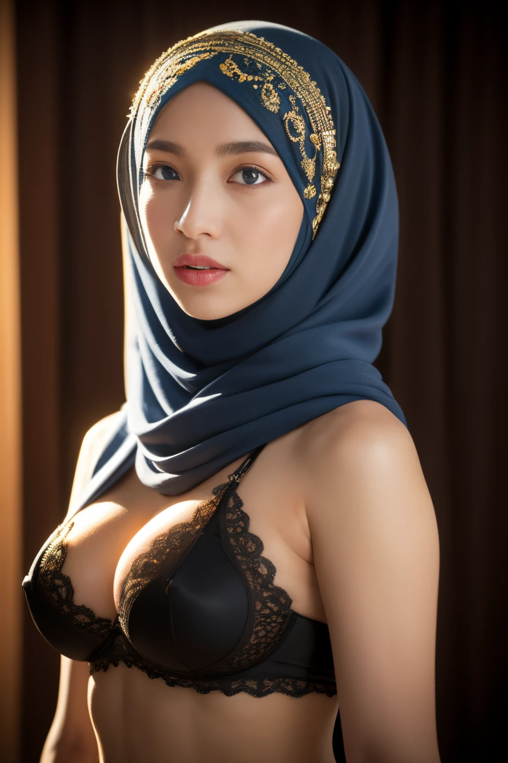 bellydancer, massive , mongolian, (((hijabi))), cleavage, reflection light, chiaroscuro, depth of field, cinematic lighting, ray tracing, Sony FE GM, UHD, super detail, masterpiece, textured skin, high details, best quality, award winning，3D,hdr（HighDynamicRange）,Ray traching,NVIDIA RTX,Hyper-Resolution,Unreal 5,Subsurface scattering、PBR Texture、post-proces、Anisotropy Filtering、depth of fields、maximum definition and sharpness、Many-Layer Textures、Albedo e mapas Speculares、Surface coloring、Accurate simulation octane rendering of light-material interactions、Two-colored light、largeaperture、Low ISO、White balance、the rule of thirds、8K raw data