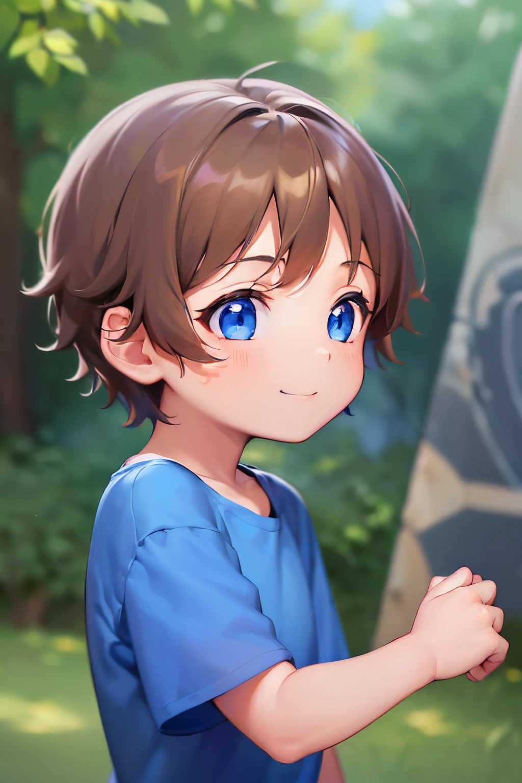 (looking away:1.2), Side angle, ​masterpiece、hightquality、(browny short hair, blue eyess)、5 year old boy、child, (Alone:1.5)、wearing a blue T-shirt、Hands raised、(The upper body of the subject is shown:1.3)、(Smiling expression:1.1)、Bold composition、The background is a park