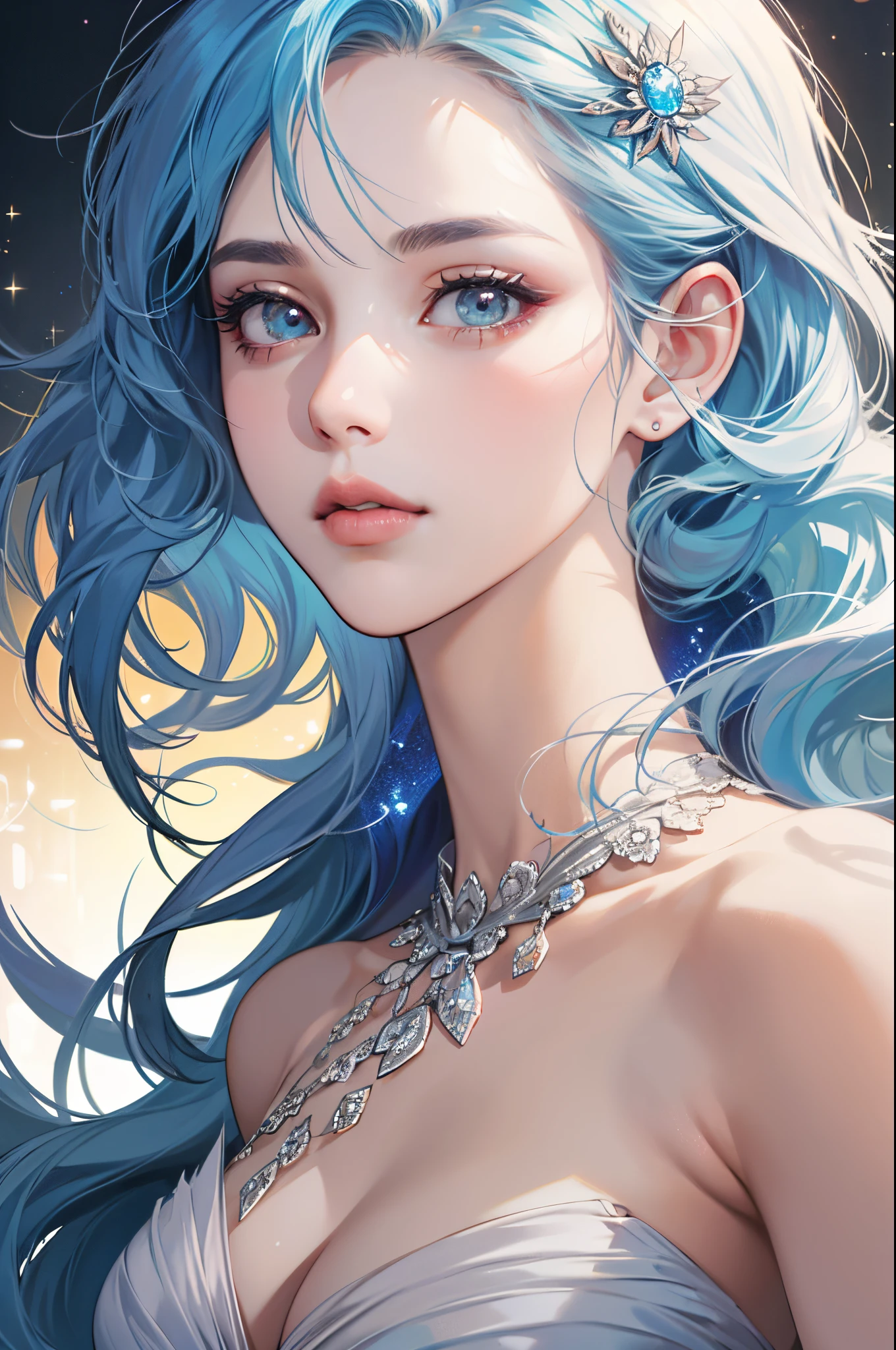 {{Best Quality}}, {{masutepiece}}, {{Ultra-detailed}}, {Illustration}, {Detailed light}, {extremely delicate and beautiful}, girl with, Cute face, Upper body, Two legs, long-one-piece dress, {Beautiful detailed eyes}, Stars in the eyes, messy floating hair, Colored inner hair, Starry sky adorns hair, {Lots_in the_Big_Colorful_Bubble}, [pearls], [Galaxy], depth of fields