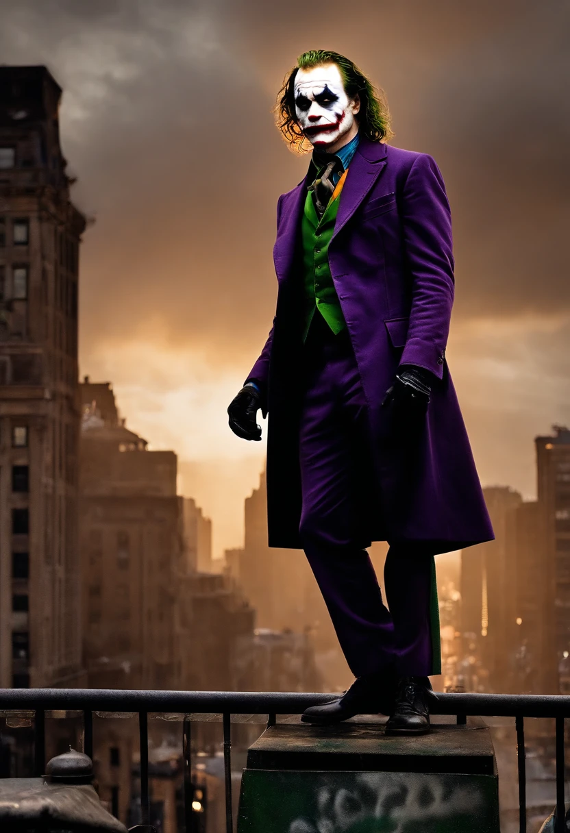 A photo of the Joker standing on top of a Gotham City art gallery, defacing priceless paintings with a maniacal grin,The Dark Knight,Heath Ledger’s portrayal of the Joker in “The Dark Knight” is marked by his disheveled, greasy hair, smudged clown makeup, and a chilling, scarred smile that gives him a menacing and unpredictable appearance. His attire, a mismatched suit with a ragged purple coat, adds to his chaotic and anarchistic persona., male