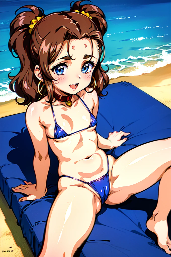 "(masterpiece:1.1), best quality, NSFW, (li:1.5),
1girl, gyaru, (80s anime style:1.4),
brown hair,
(forehead, hair slicked back:1.2), (wavy twintails:1.1),
blue eyes, (thick eyebrows:1.1),
(tan skin:1.1), (small breasts:1.1),
(happy, smile:1.2), (open mouth, tongue out, blush:1.2),
(micro bikini:1.1),
jewelry, hoop earrings, collar, hair ribbon,
(sitting, spread legs:1.1),
(cowboy shot, cameltoe:1.1),
(daytime, beach:1.2)"