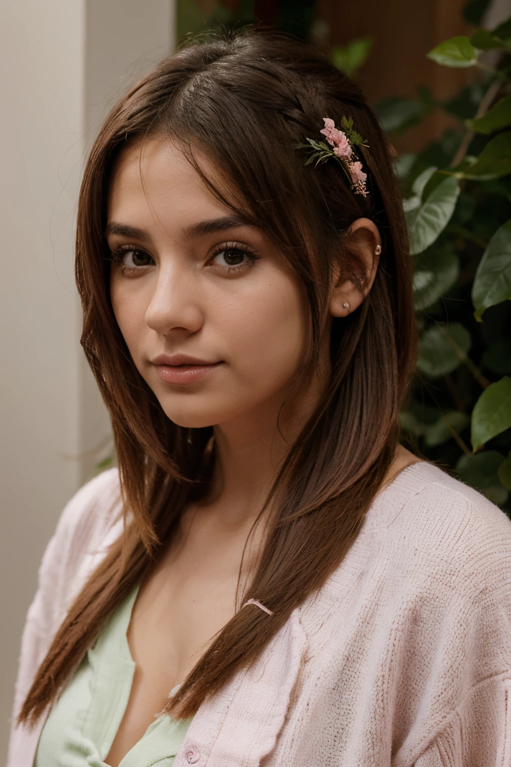 1girl, animal_orejas, Gradiente, Gradiente_fondo, verde_fondo, Looking_en_espectador, rosado_cabello, solo por JM