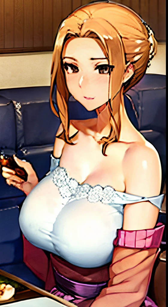 Sofa in the living room、bewitching aunt、sake and appetizers、Off-shoulder knit dresses、sleeveless、