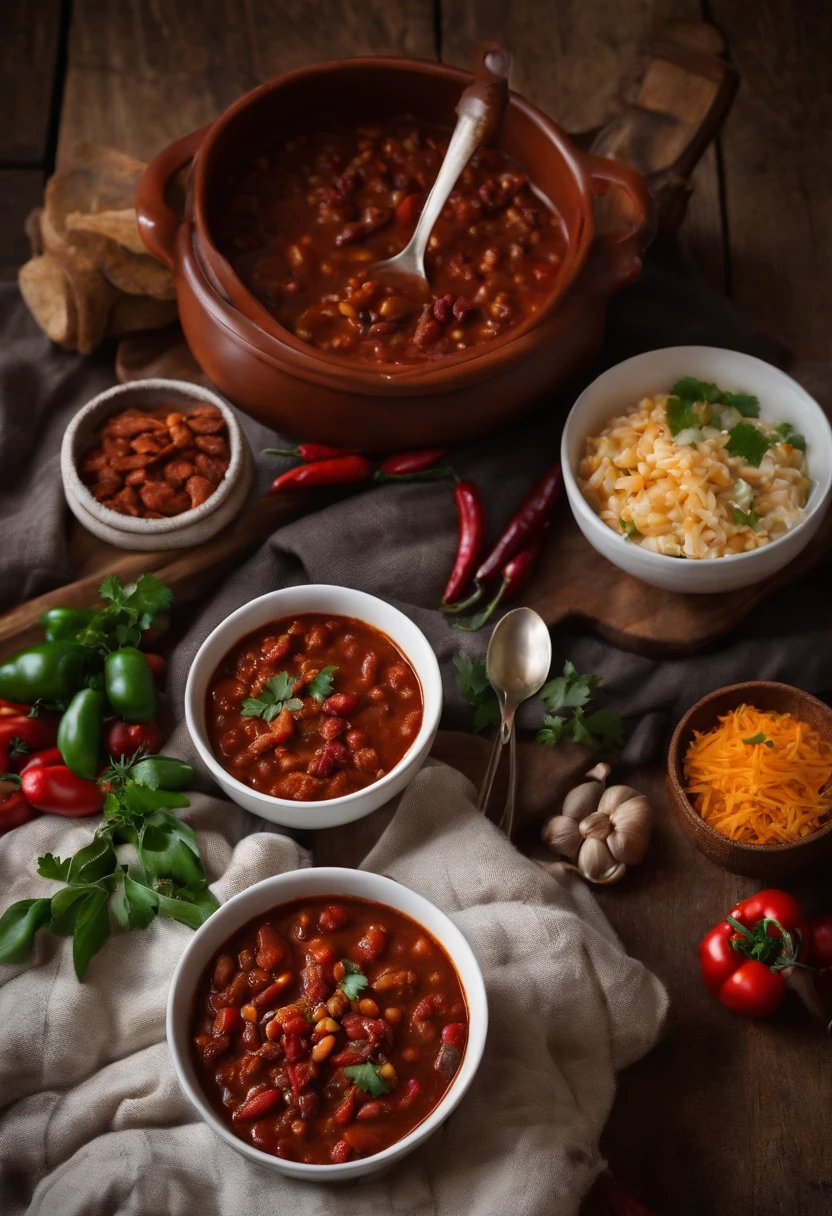 A photo of a cozy bowl of chili surrounded by warm potted foods and a warm blanket,original,Bowlofchili looks exactly like a bowl of chili, N/A