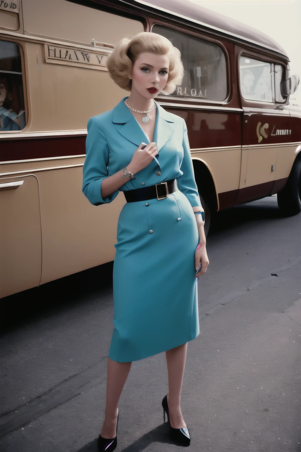 Suzy Parker Vogue cover shoot, 1/2 body length fashion photo, Suzy Parker age 25 lookalike, 6’0” 120 pound tall skinny model, Irving Penn style photography, 1958 style “space age” fashions, late 1950s style make up and hair, late 1950s style accessories and styling, late 1950s style color photography “look”, vogue logo in background,