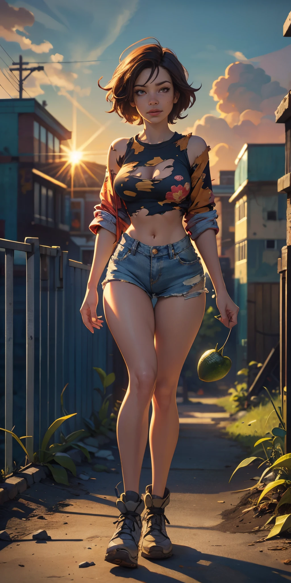 2076 year. N.uh. The Urban Ruins of the Wasteland, Female huntress picking fruit in the garden, beautiful face, torn shirt and denim shorts , long legs, sweating through, sun rising, Nice warm colors, head to toe full body shot