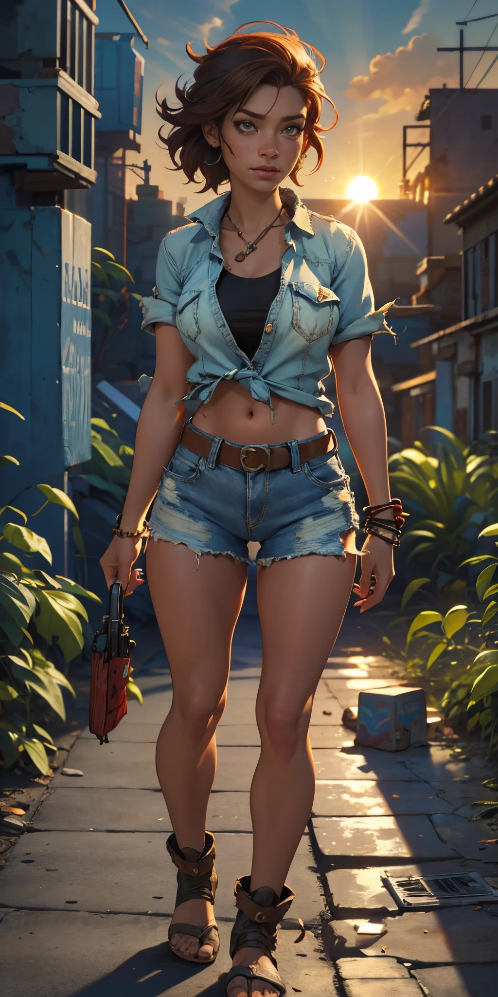 2076 year. N.uh. The Urban Ruins of the Wasteland, Female huntress picking fruit in the garden, beautiful face, torn shirt and denim shorts , long legs, sweating through, sun rising, Nice warm colors, head to toe full body shot