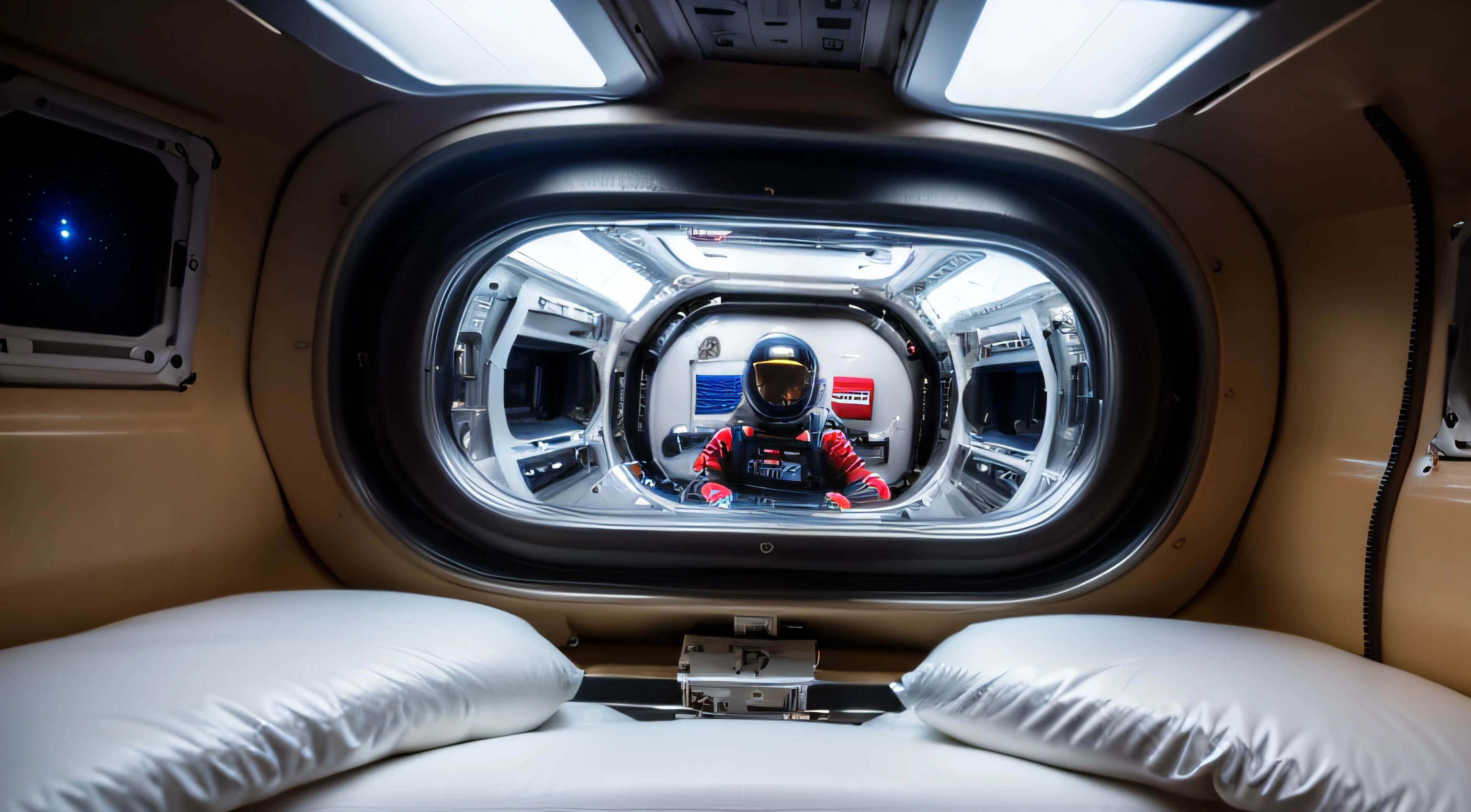 Inside the space capsule, a sense of technology, wearing a space suit, an engineer, bright pictures, different equipment, a sense of the future, a master photographer, factory machine details, ultra-wide angle, high realism, light and dark