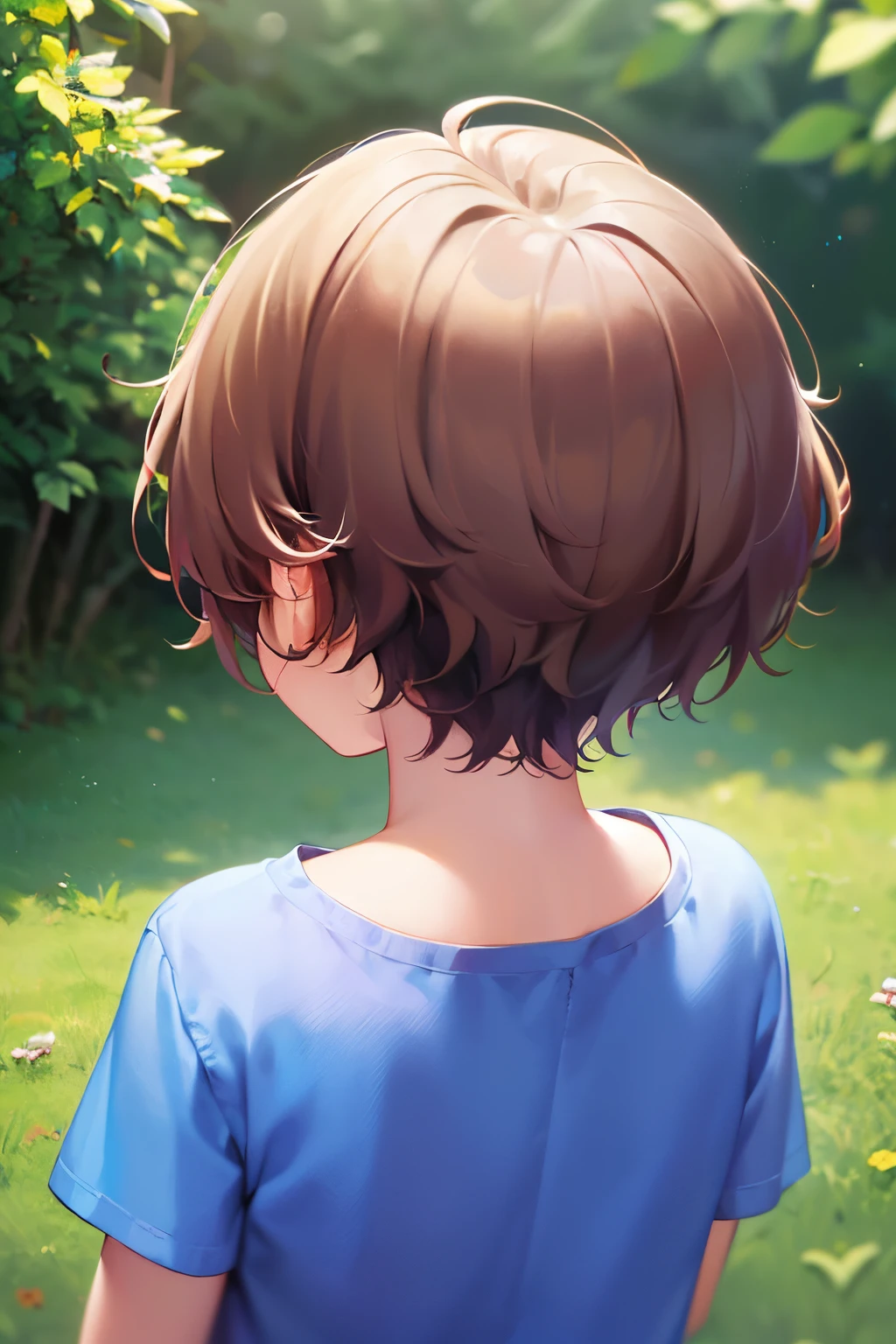 (back view:1.2), ​masterpiece、hightquality、(browny short hair, blue eyess)、5 year old boy、child, (Alone:1.5)、wearing a blue T-shirt、(The upper body of the subject is shown:1.3)、Bold composition、The background is a park