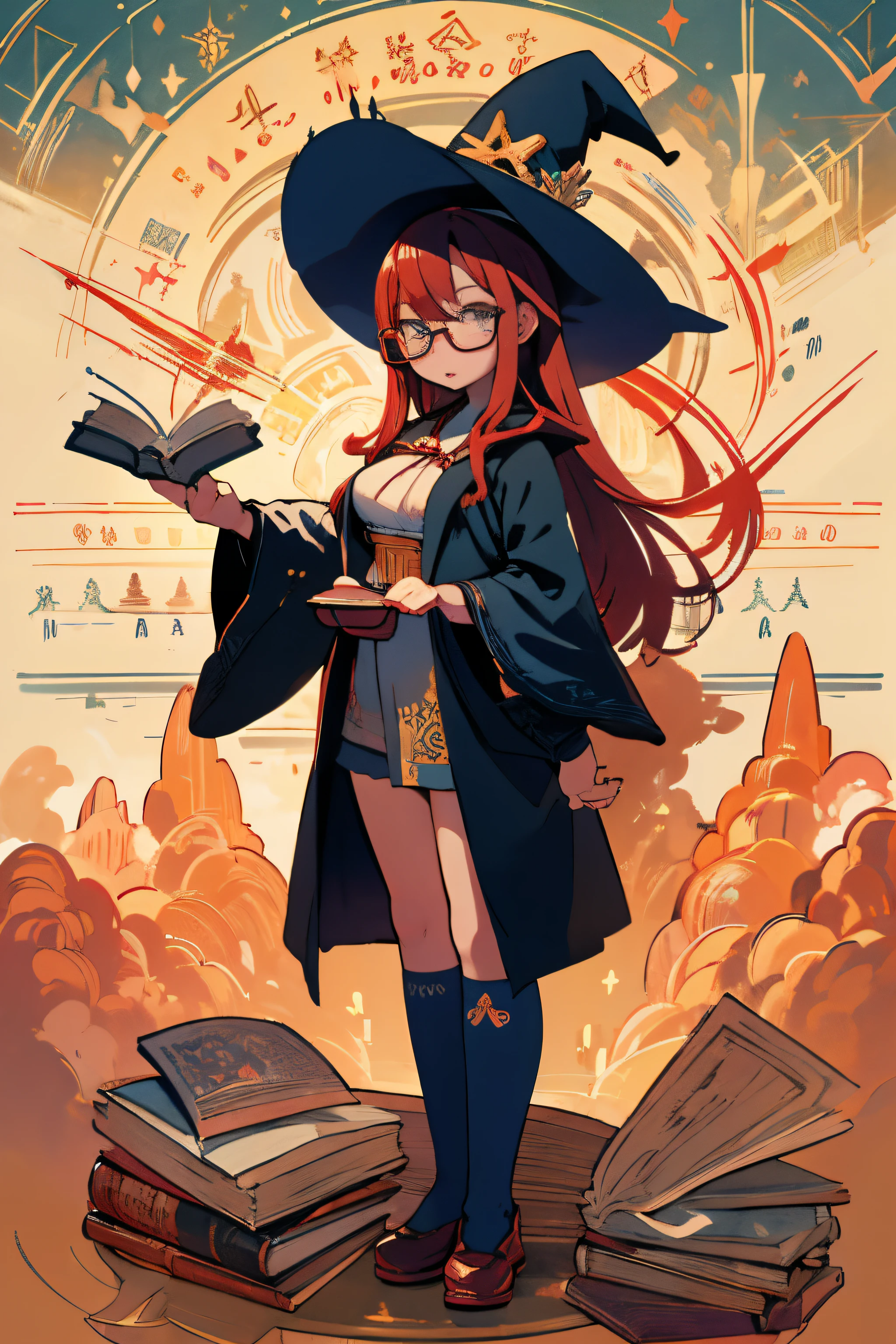 16k, HD, Professional, Highly Detailed, ((Masterpiece: 0.3)), (((High Quality))), Ultra-detailed face, Highly Detailed Lips, Detailed Eyes, full body, full body, 1 girl, long red hair, blue eyes, glasses, c cup breasts, hour glass figure, book on hip, blue wizard robes, long socks, witch hat