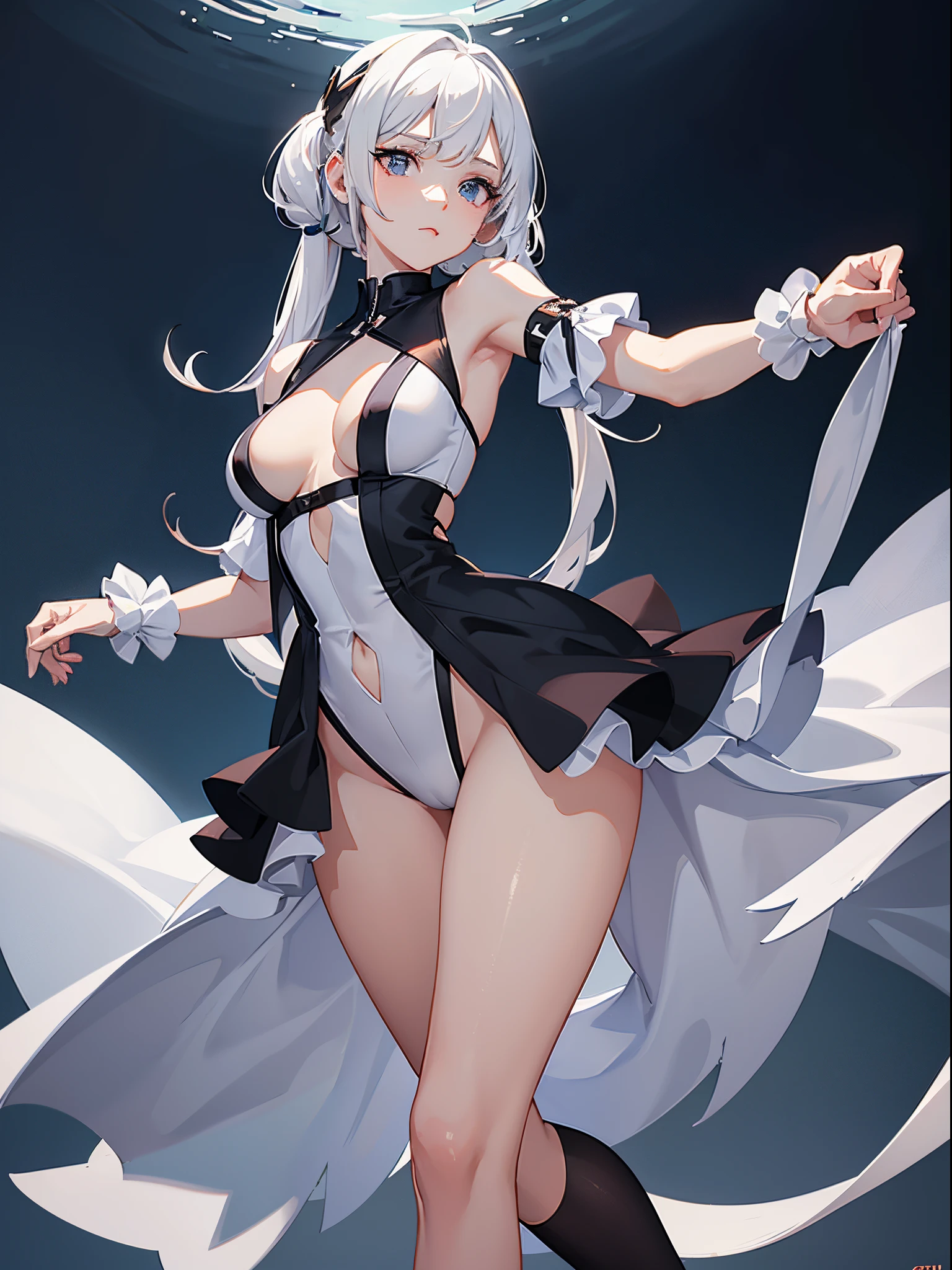 A woman wearing a white backless dress，He wears black stockings on his legs，Exposing the abdomen，The figure is good，The head is not exposed，The is very detailed[ 4K realism ]!!, [ 4K realism ]!!!, [ 4K digital art ]!!, Realistic shadow perfect body, realisticlying!!!!!!! art-style, photorealistic anime, by Shitao, Popular topics on cgstation, Casual pose, realistic anime 3D style