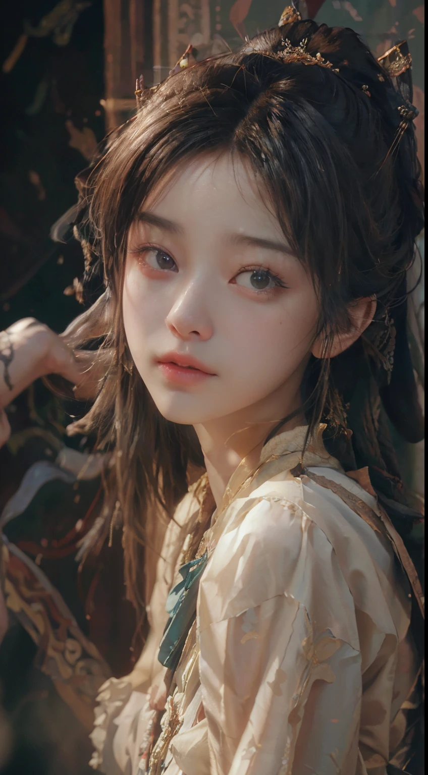(RAW photo, best quality), (realistic, photo-realistic:1.3),best quality,highly detailed,masterpiece,ultra-detailed,illustration,1girl,upper_body,dynamic angle,world masterpiece theater,messy_long_hair,best quality,extremely detailed CG unity 8k wallpaper,ink,Amazing,cinematic lighting,lens_flare, dunhuang_style