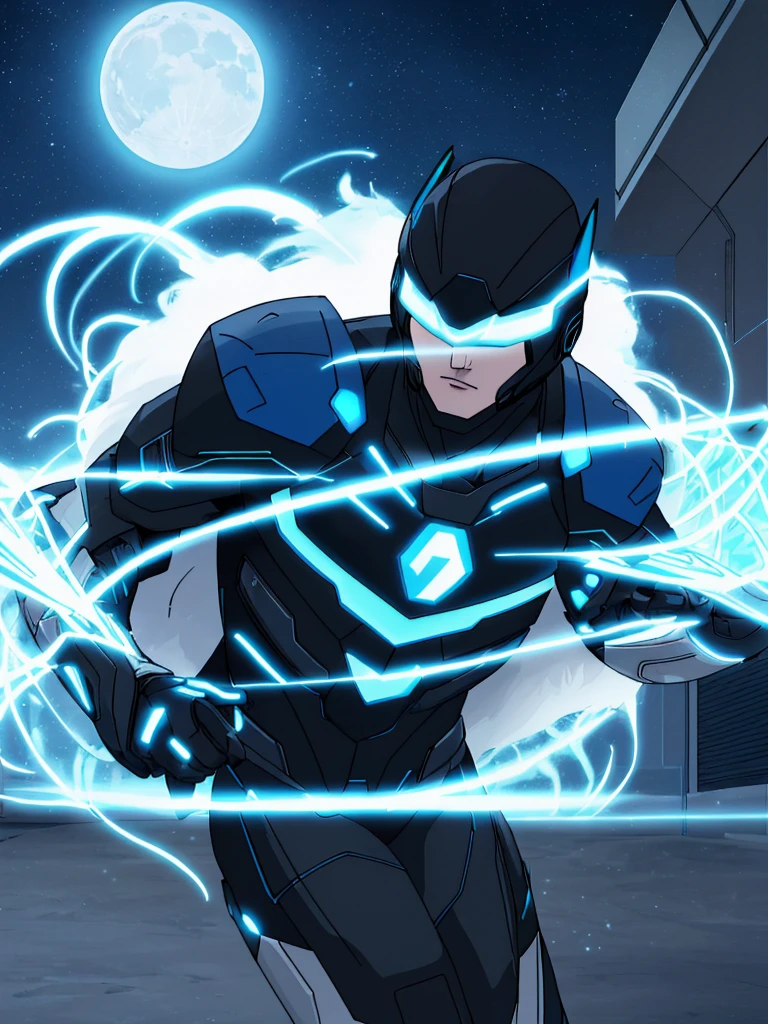 The primary color of Pulse's suit is deep, metallic blue, with glossy black accents, giving it a modern and stealthy appearance. The moon emblem on his chest is an intricate, glowing white design, which can pulse with electrical energy when he activates his powers.

The suit features segmented plating, providing both flexibility and protection. It includes built-in circuitry that generates a faint blue glow along the seams and edges. This circuitry is not only for style but also helps regulate his electrical abilities.