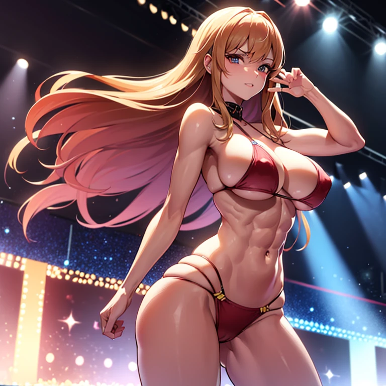ultra detailed 8k cg, super model, super idol, perfect face, beautiful face, mature female,large breasts, on stage, stage lights, spotlight, looking at viewer,dinamic angle,dinamic pose,1 girl,solo, strawberry blonde hair, six pack abs, athletic
