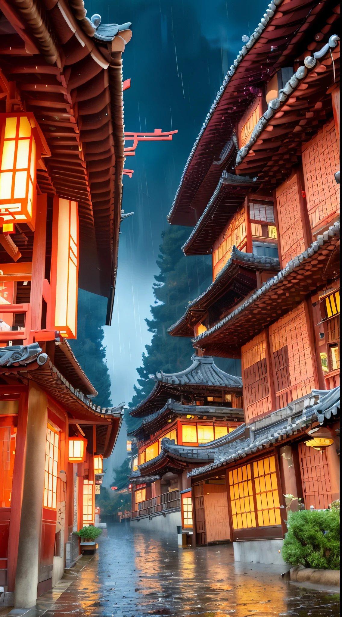 arafed view of a village with a lot of lights on the buildings, dreamy chinese town, chinese village, amazing wallpaper, japanese town, japanese village, hyper realistic photo of a town, old asian village, japanese city, by Raymond Han, rainy evening, cyberpunk chinese ancient castle, beautifully lit buildings, at evening during rain, beautiful and aesthetic, photography, cinematic, 8k, high detailed ((Heavy rain)))
