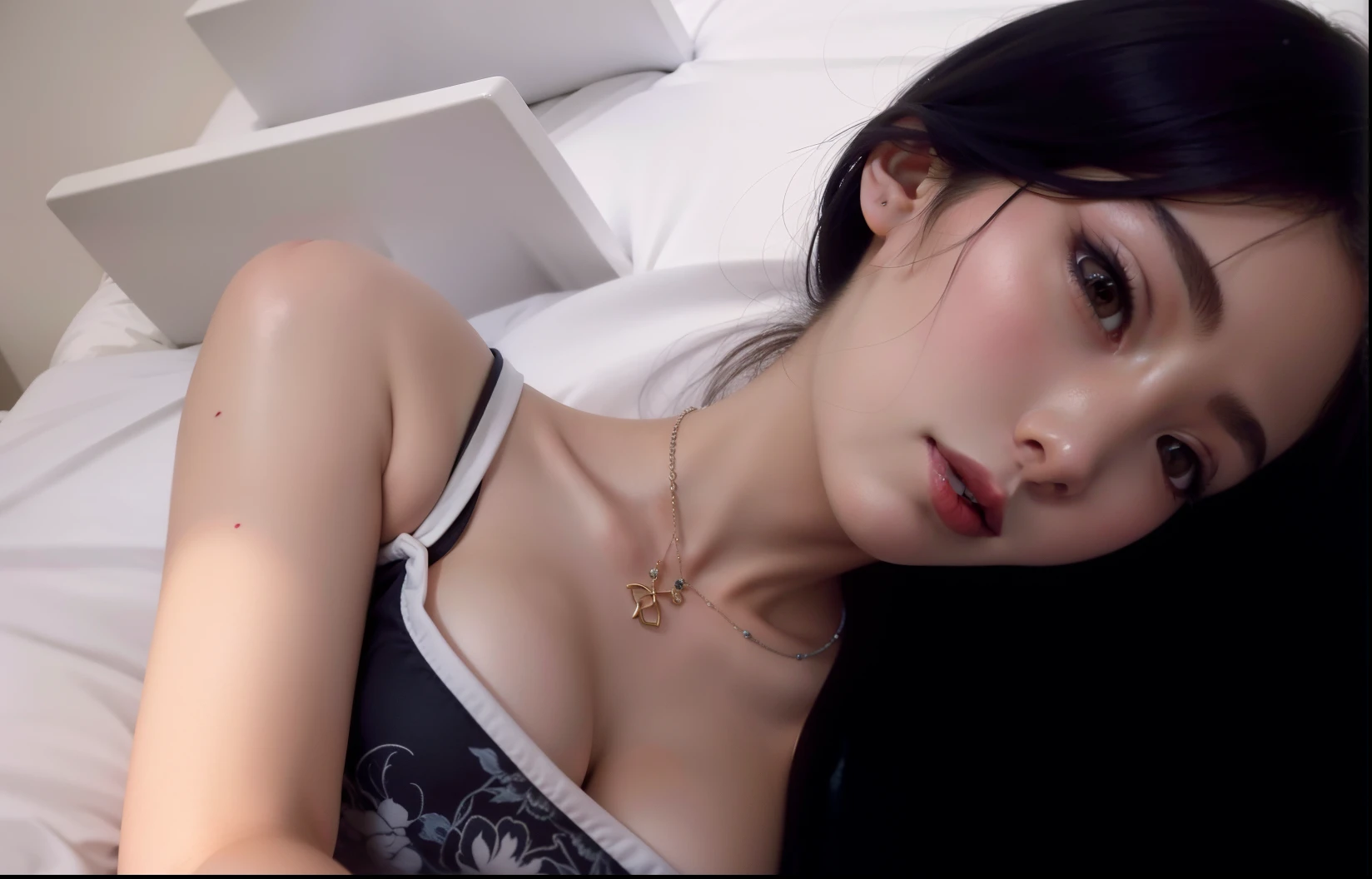 There's a woman lying on a bed with a necklace on, Ulzzang, cruel korean goth girl, Sakimichan, pale snow white skin, pale milky white porcelain skin, trending at cgstation, pale goth beauty, pale porcelain white skin, foto de perfil, clear lips and high quality,  coreana, imagem de perfil, kanliu666