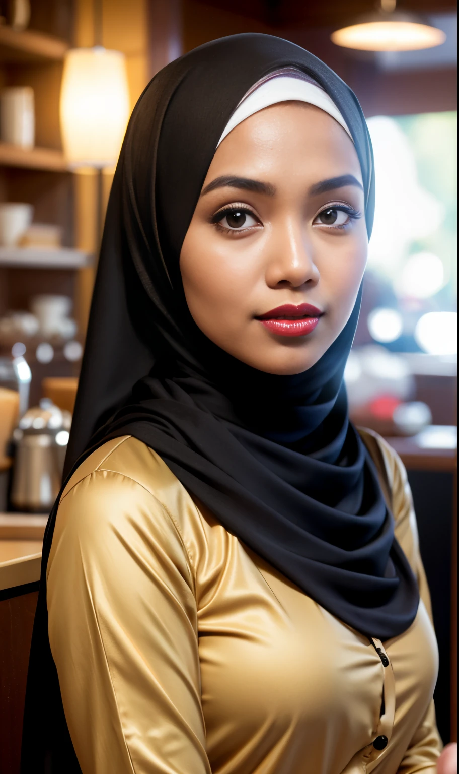 Half body portrait of a 33 years old malay woman sit in front of giant mirror, wearing hijab, wearing peach blouse with satin green slack, narrow waist, indoor shot, looking up at coffee shop sign, soft lighting, smirk face, circle bokeh , big breast, catwalk, morningtime, surrounded by a comfortable, cool atmosphere, looking at the viewer. (Skin details:1.3), hairy hands, Hijab, slim, red lips, seductive with bokeh camera background