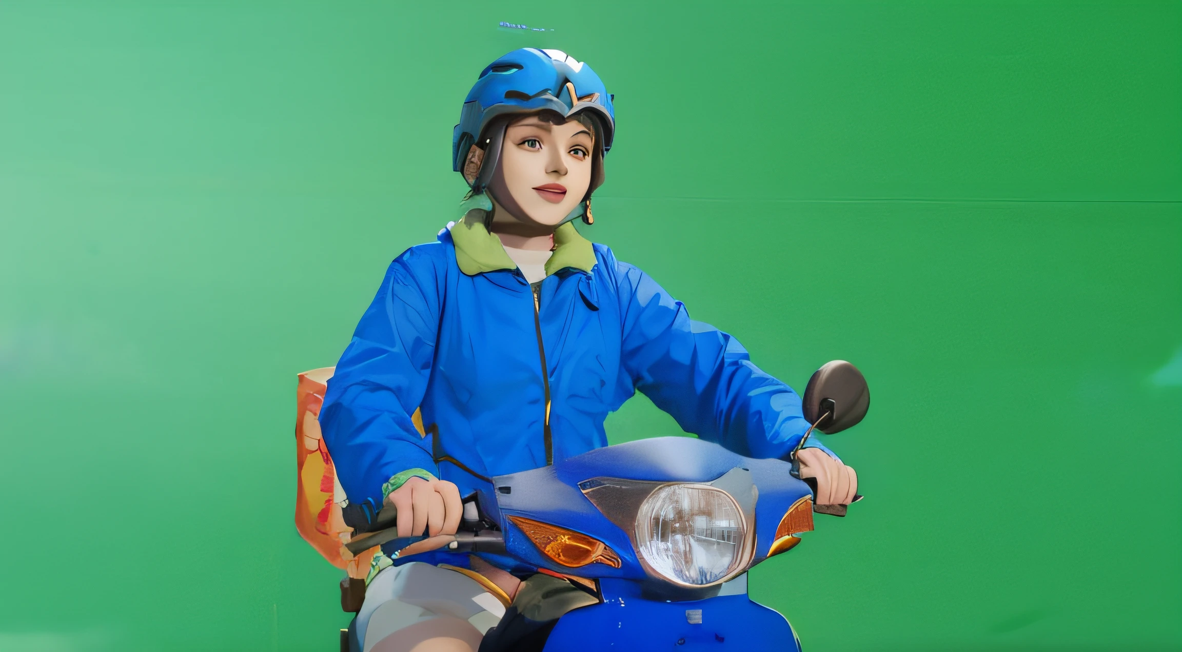 a sketch anime girl with smiling face, who wearing blue jacket and blue helmet, she riding a blue motorcycle, looking in her hand