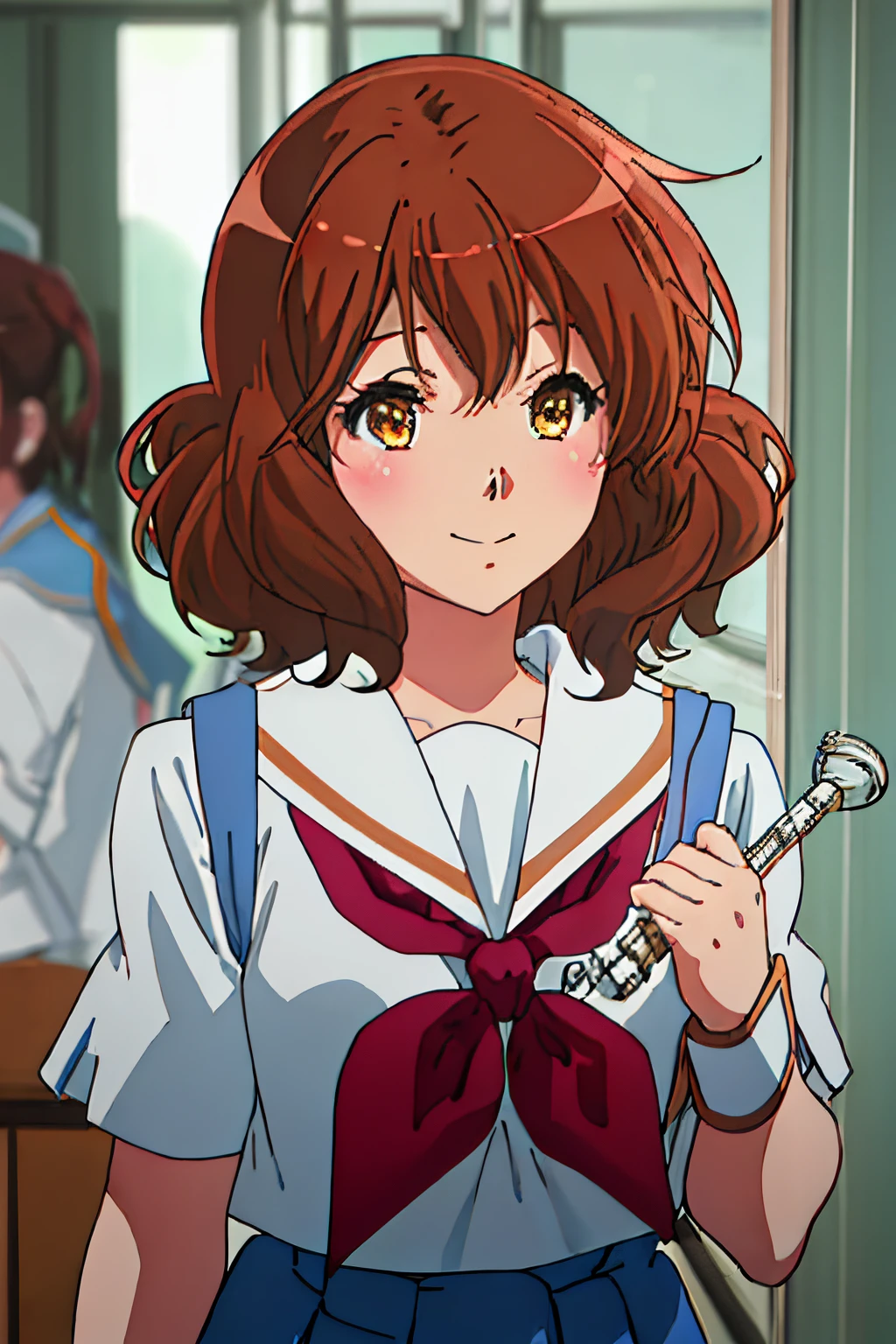 best quality, masterpiece, highres, solo, {oumae_kumiko_soundeuphonium:1.15}, brown_hair, short_hair, brown_eyes, blush, serafuku, bangs, closed_mouth, 1girl, brown_shirt, closed_eyes, instrument, kitauji_high_school_uniform, neckerchief, sailor_collar, school_uniform, smile, white_sailor_collar, holding, red_neckerchief, upper_body, shirt