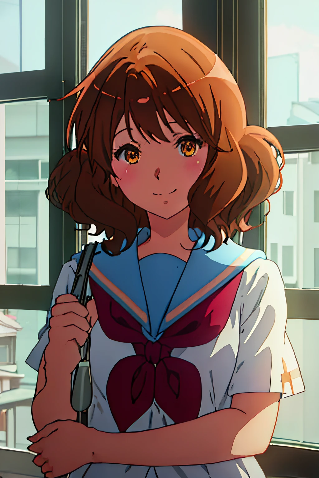 best quality, masterpiece, highres, solo, {oumae_kumiko_soundeuphonium:1.15}, brown_hair, short_hair, brown_eyes, blush, serafuku, bangs, closed_mouth, 1girl, brown_shirt, closed_eyes, instrument, kitauji_high_school_uniform, neckerchief, sailor_collar, school_uniform, smile, white_sailor_collar, holding, red_neckerchief, upper_body, shirt