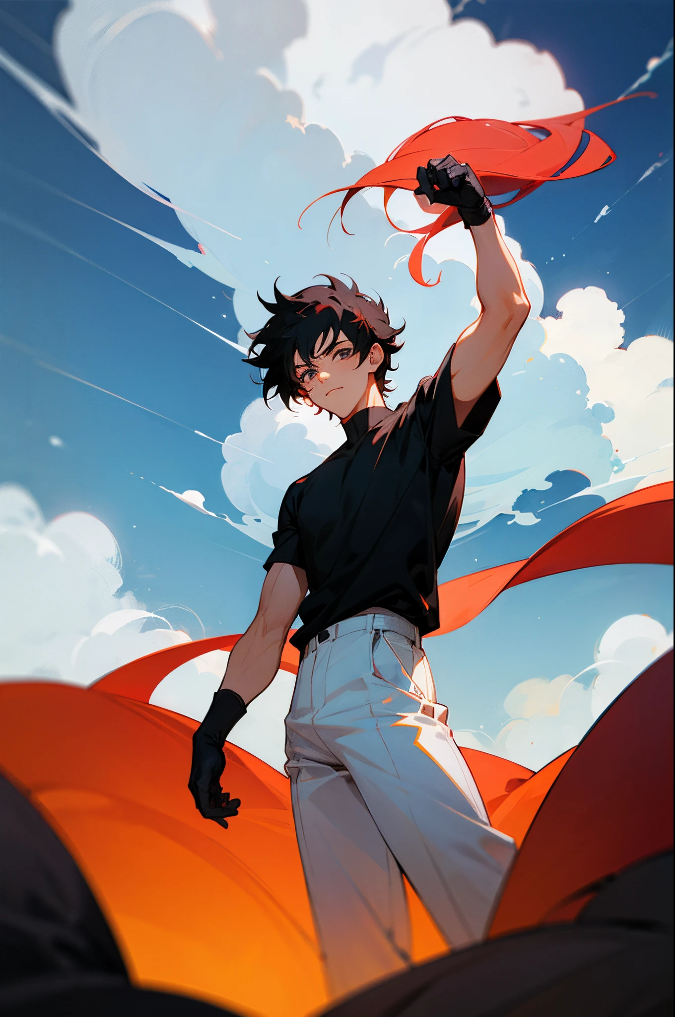 1male , Teen, Black hair, red hair, detailed eyes, person in a black shirt, White Pants, Baki style, gloves, cloudy sky
