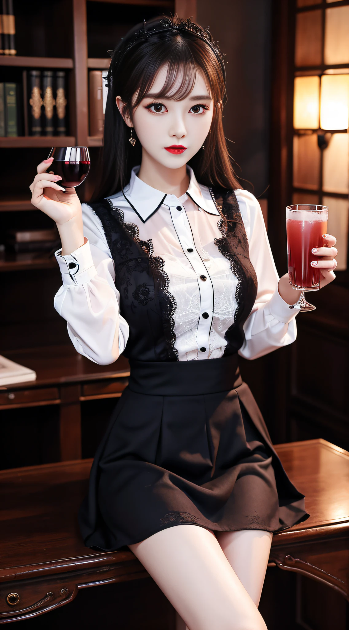 Charming beauties、校服、pleatedskirt、Evil Female Executive、Evil Fall、dark、brainwash、panthyhose、lacy fabric、Glossy legs、lipsticks、Evil look、Suspicious look、Hollow eyes、darkened room、Night、wicked、sipping a drink、seductiv