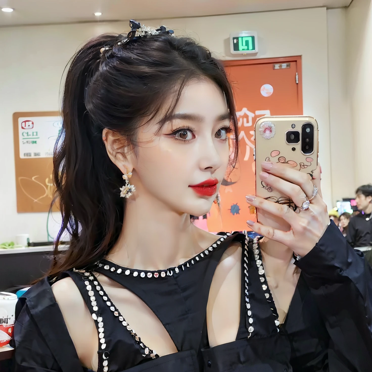there is a woman that is taking a selfie with her cell phone, ulzzang, cruel korean goth girl, Jinyoung Shin, Jisoo de Blackpink, tzuyu de dos veces, Chica coreana, Heonhwa Choe, con coletas negras, Jisoo de Blackpink, Hermosa mujer surcoreana, Retrato Jisoo Blackpink, cola de caballo pelo negro, Kim Doyoung