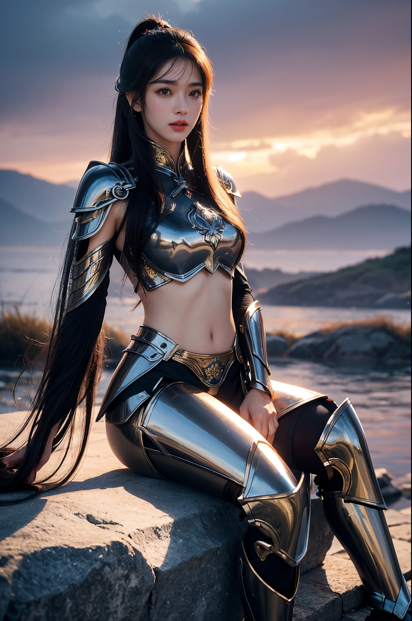 Chinese woman,Female general, 25 age old, Handsome and sexy,Metallic armor,Exquisite metal pattern,joint armor,Wearing black boots,Bare arms,exposing your navel,DAY TIME,Stand sideways,Calm and indifferent, Detailed body, Detailed faces, oily body, Elegant, hyper realisitc, Handsome and elegant, heroic look, long ponytail hairstyle,floated hair,with long bangs,Amazing amount of hair,Flowing hairstyle,ambientlighting,Detailed sky background,Surrounded by clouds,Volumetriclighting,cellshading,8K