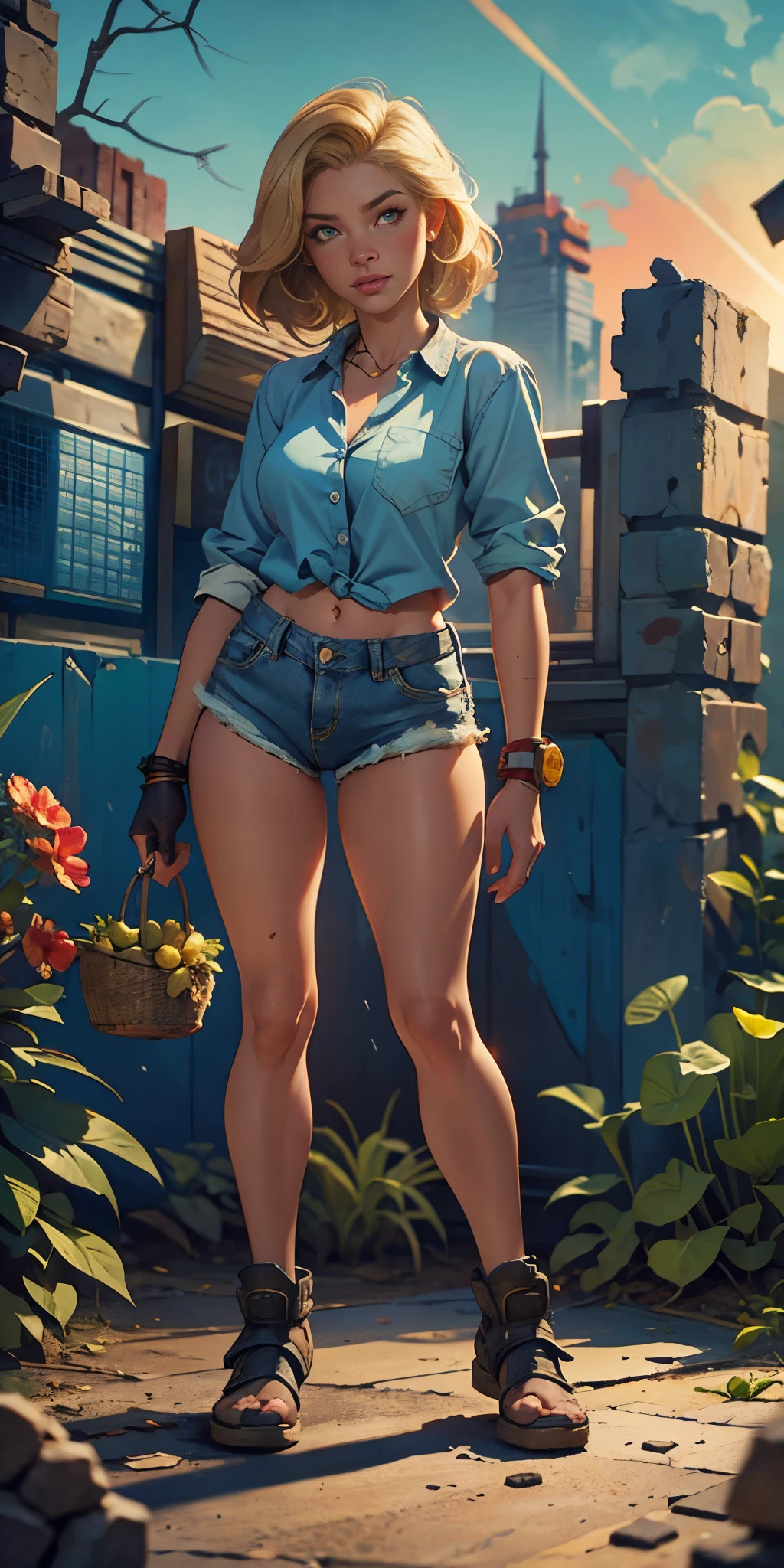 2076 year. The Urban Ruins of the Wasteland, Female huntress picking fruit in the garden, beautiful face, blonde, badly torn shirt and denim shorts ,  long legs, sweating through, sun rising, Nice warm colors, head to toe full body shot