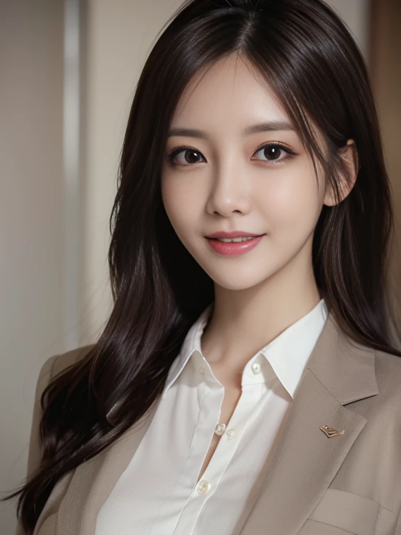 masutepiece, Best Quality, Photorealistic, Ultra-detailed, finely detail, High resolution, 8K Wallpaper, 1 beautiful woman,, light brown messy hair, in a business suit, foco nítido, Perfect dynamic composition, Beautiful detailed eyes, detailed hairs, Detailed realistic skin texture, Smiling, Close-up portrait, Model body type