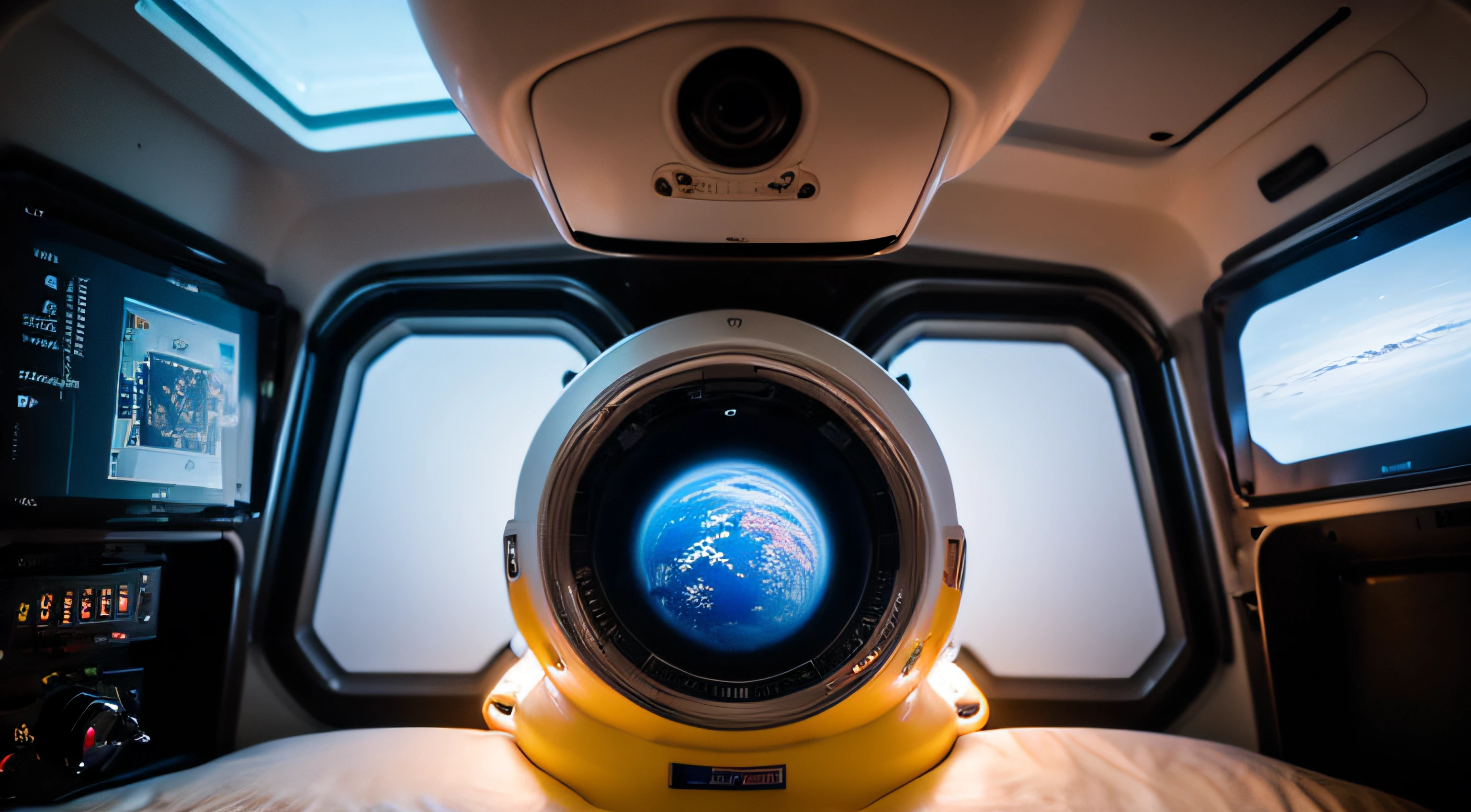 Inside the space capsule, a sense of technology, wearing a space suit, an engineer, bright pictures, different equipment, a sense of the future, a master photographer, factory machine details, ultra-wide angle, high realism, light and dark