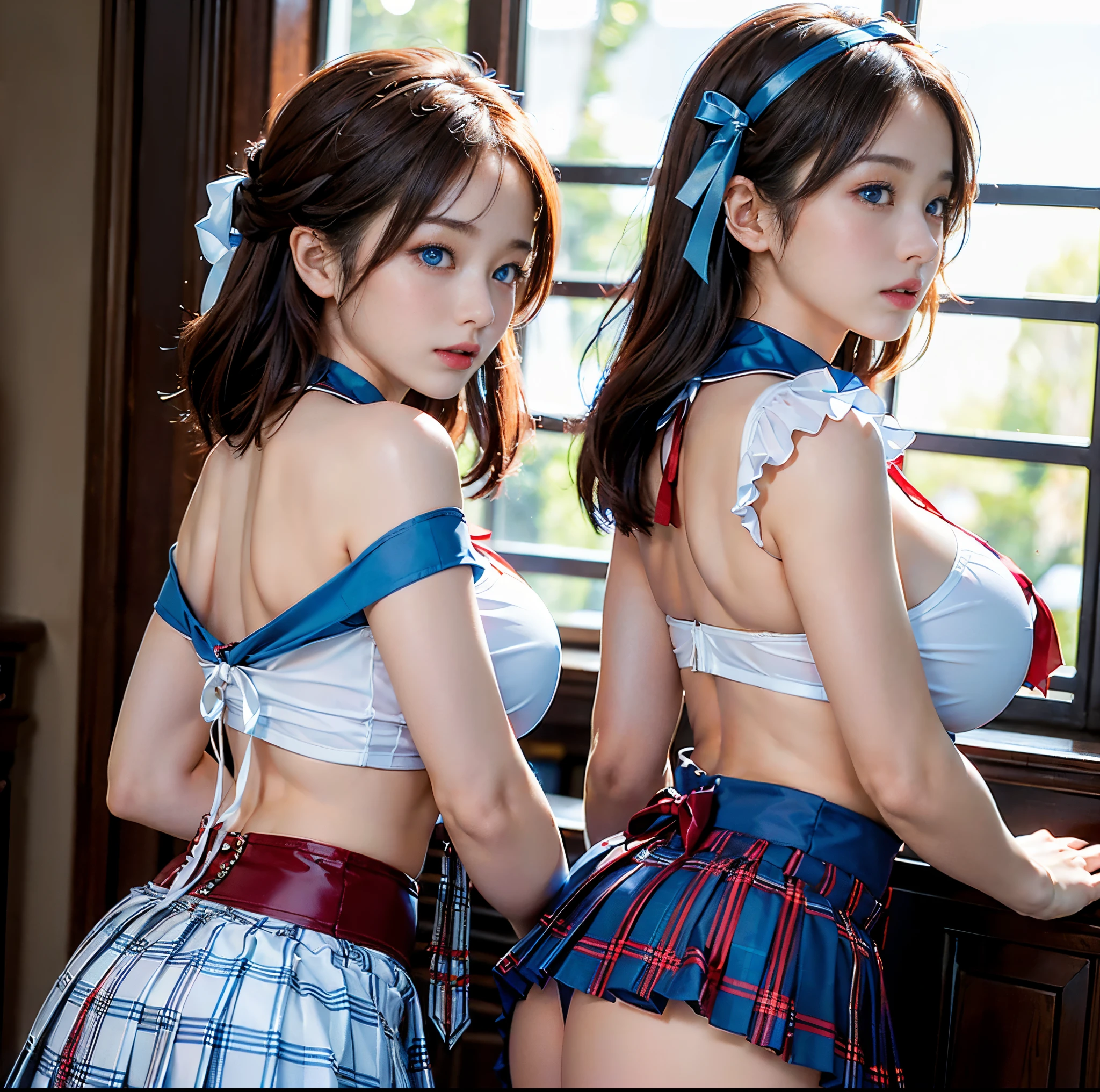 top-quality, 8K picture quality, ​masterpiece, Professional lighting without shadows, Two Women, (with perfect body、Colossal breasts with tension:1.2), Bright whitening skin, (Bright and beautiful blue eyes with plump red tear bags reflect a lot of light.:1.2)、 (They wear tight white blouses with crimson ribbon ties tied around the collars.), (No skin is exposed on the upper body:1.2), Micro mini pleated tartan check skirt, (their skirts are incredibly short:1.3), (Show off your big breasts from the front:1.5), (Another girl on the other side shows off her big exposed butt from behind.:1.4),