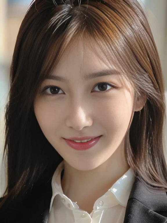 masutepiece, Best Quality, Photorealistic, Ultra-detailed, finely detail, High resolution, 8K Wallpaper, 1 beautiful woman,, light brown messy hair, in a business suit, foco nítido, Perfect dynamic composition, Beautiful detailed eyes, detailed hairs, Detailed realistic skin texture, Smiling, Close-up portrait, Model body type
