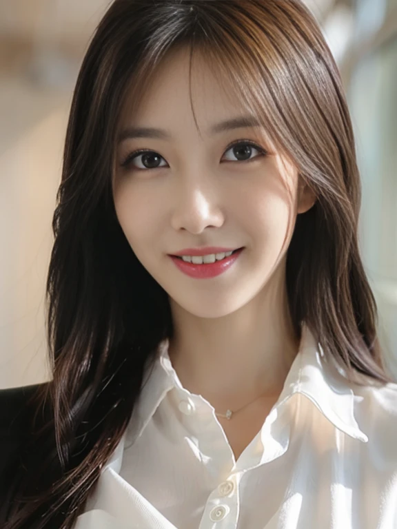 masutepiece, Best Quality, Photorealistic, Ultra-detailed, finely detail, High resolution, 8K Wallpaper, 1 beautiful woman,, light brown messy hair, in a business suit, foco nítido, Perfect dynamic composition, Beautiful detailed eyes, detailed hairs, Detailed realistic skin texture, Smiling, Close-up portrait, Model body type