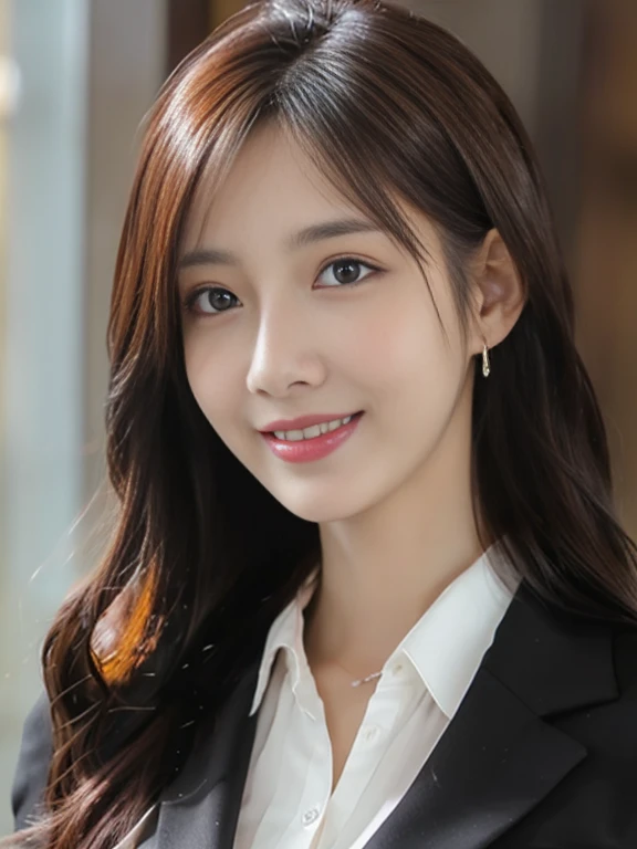 masutepiece, Best Quality, Photorealistic, Ultra-detailed, finely detail, High resolution, 8K Wallpaper, 1 beautiful woman,, light brown messy hair, in a business suit, foco nítido, Perfect dynamic composition, Beautiful detailed eyes, detailed hairs, Detailed realistic skin texture, Smiling, Close-up portrait, Model body type