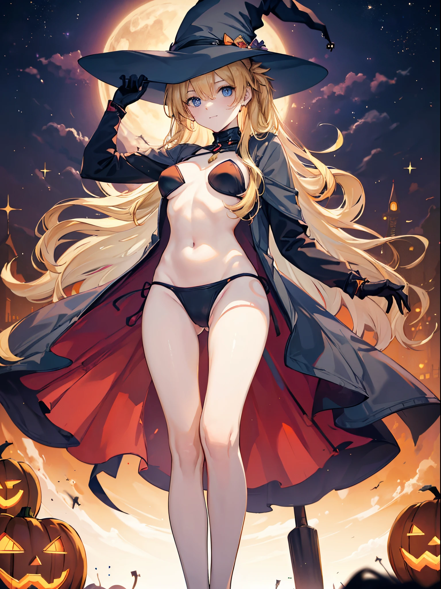 high-level image quality、top-quality、Beautuful Women、1 persons、ssmile、embarassed expression、pony tail hair、swim wears、knee high、Halloween Party、Halloween Cosplay、cinematlic lighting、Beautiful and perfect legs, Clean and perfect hands、Lots of jack-o'-lanterns,large full breasts, ((1 Beautiful Witch)), ((Blonde hair, long wavy hair with bangs,,,,,,,,,)) (((1 witch, Soio))) )) ((20yr old)) blue eyes, Have a very sexy body, Full chest and narrow waist, And a very sexy body,