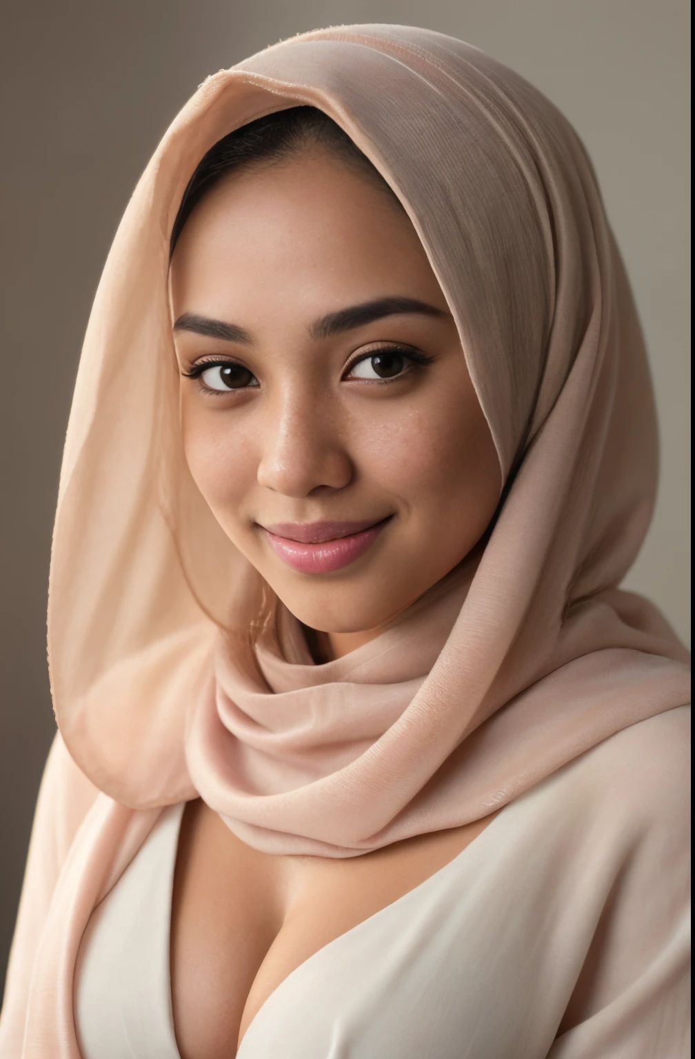 cleavage,  beautiful young malay girl with hijab and few soft freckles, mole below eyes, detail skin texture, smile, (plain pastel white hijab), , dramatic light , Rembrandt lighting scheme, (hyperrealism:1.2), (8K UHD:1.2), (photorealistic:1.2), shot with Canon EOS 5D Mark IV, detailed face, detailed skin texture, 35mm, over-the-shoulder shot,cool-toned color grading, Deep Focus cinematography effect, Natural Lighting, high quality, ultra detail, 8k resolution,