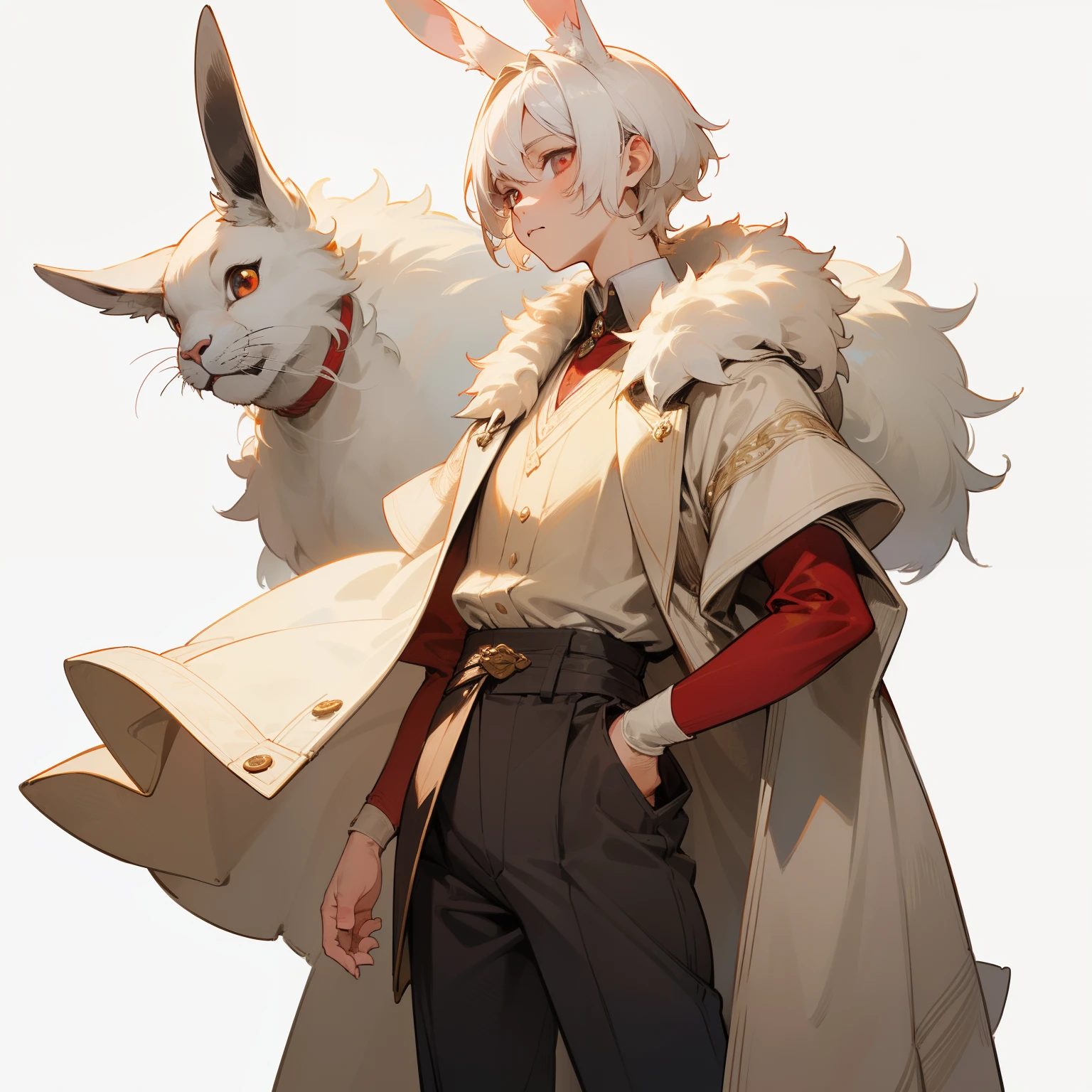 ((tmasterpiece)), (((beste-Qualit))), illustartion, (Character design, same character, frontal view), One character, young boy, light skin, The eyes are red, albino, white colored hair, Hare ears, Short Hair Hair, fur vest, Fantasy clothing, linen tunic, linen trousers, waist-high, (Simple background, whitebackground: 1.3) ,--6