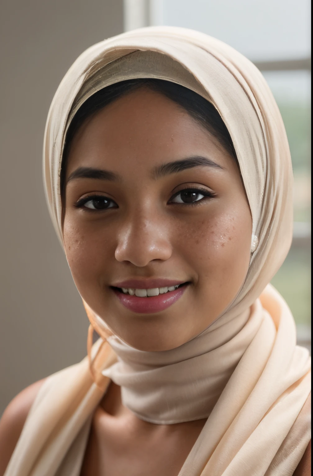 cleavage, a photo portrait of a beautiful young malay girl with hijab and few soft freckles, mole below eyes, detail skin texture, smile, (plain pastel white hijab), (face portrait:1.3), dramatic light , Rembrandt lighting scheme, (hyperrealism:1.2), (8K UHD:1.2), (photorealistic:1.2), shot with Canon EOS 5D Mark IV, detailed face, detailed skin texture, 35mm, over-the-shoulder shot,cool-toned color grading, Deep Focus cinematography effect, Natural Lighting, high quality, ultra detail, 8k resolution,
