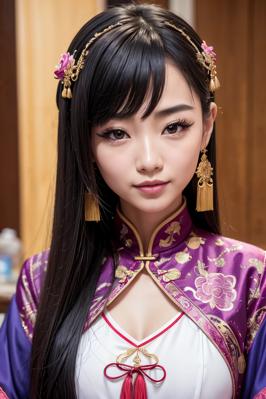 Charming Chinese dancer,face reta,franja,Antecedentes altamente detalhados,Mulher branca bonita com peitos grandes e macios e pele branca. peito enorme: 1.4,Rosto altamente detalhado, Olhos detalhados,