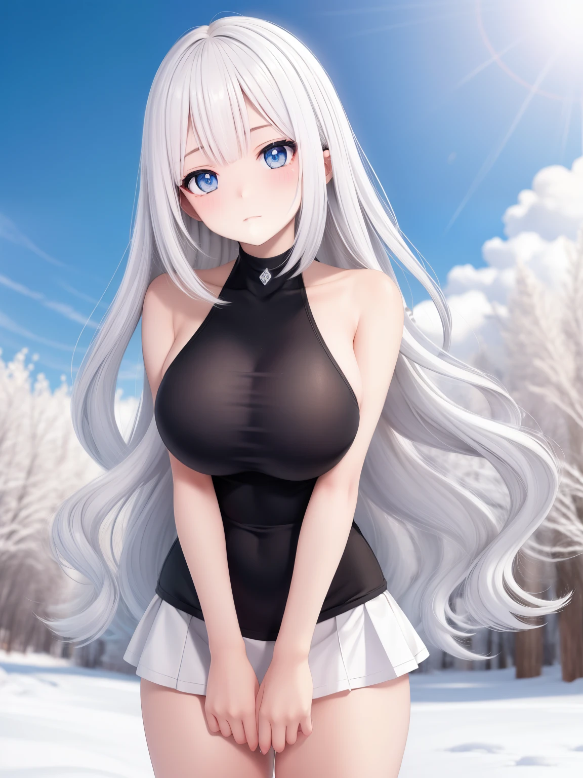big breasts beautiful, Young woman, In the crystal and ice zone, drifting snow, White hours, Gradient hair, White hair, white hairs, long hair, eyes reflection, disdain, Ray traching, reflective light, blurry, Glowing light, depth of fields, lightand shade contrast, stereograms, zoom layer, cowboy lens, f/2.8, Bokeh, tmasterpiece, best qualtiy, high qulity, k hd,upper body