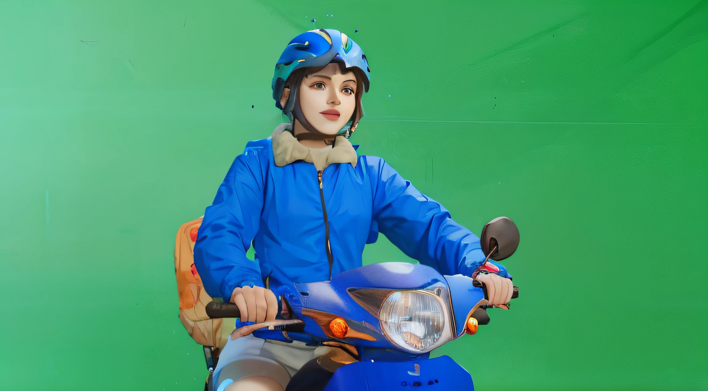 a sketch anime girl with smiling face, who wearing blue jacket and blue helmet, she riding a blue motorcycle, looking in her hand